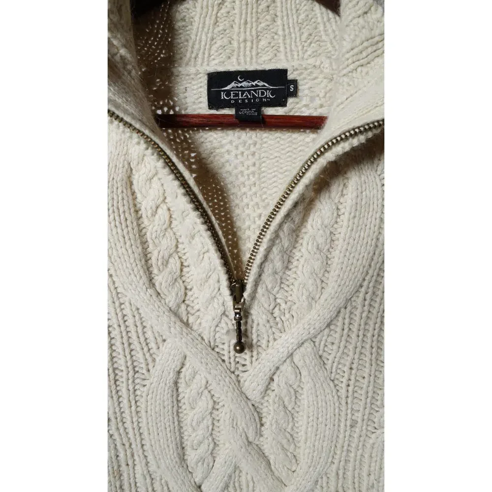 Icelandic Design Ivory Cable Knit Popover Half Zip Sweater Size S